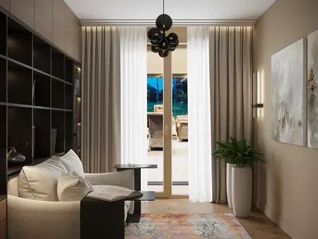 Wnętrze salonu z minimalistycznym designem, nowoczesne meble i rośliny.