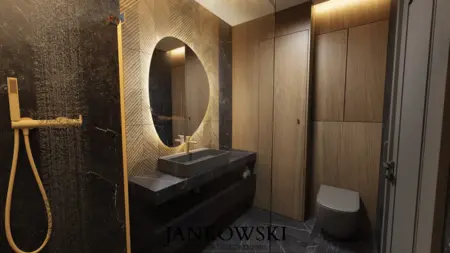Łazienka z drewnianymi meblami, czarnym blatem i okrągłym lustrem w stylu nowoczesnym, eklektycznym.