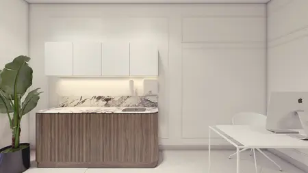Nowoczesna kuchnia z białymi meblami, marmurowym blatem i rośliną, styl minimalistyczny.