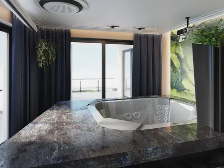 Nowoczesna łazienka z jacuzzi, zasłonami i zieloną ścianą.