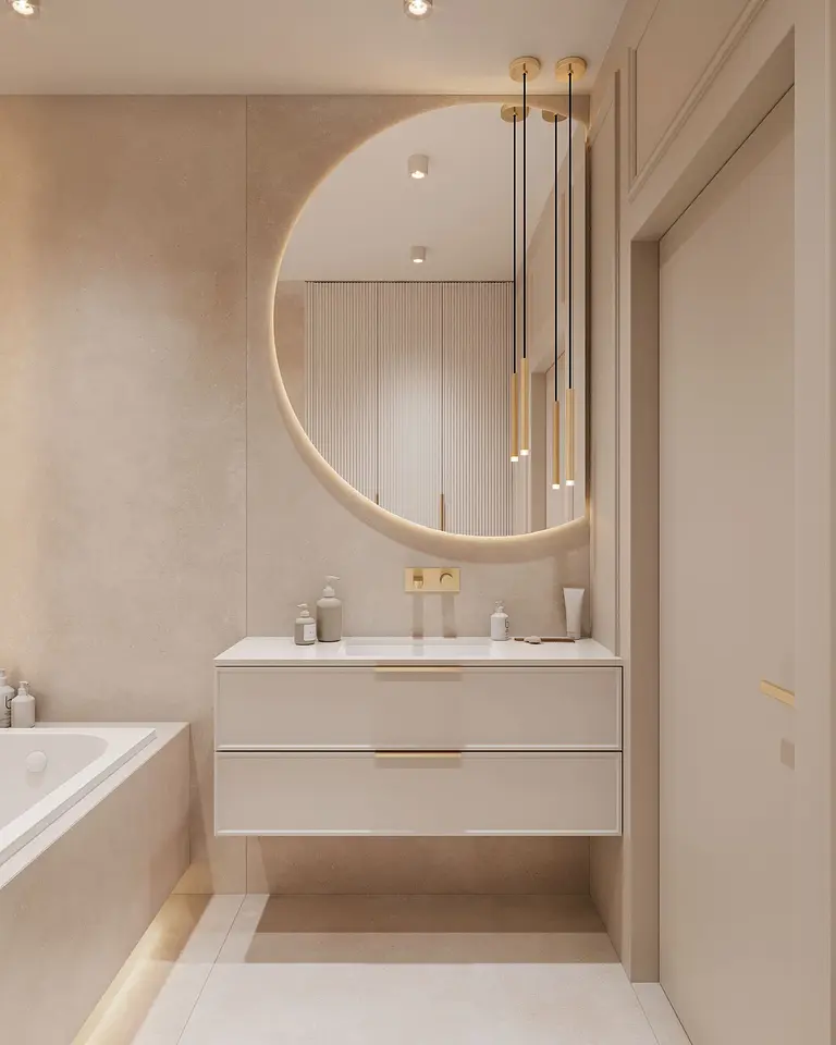 Nowoczesna łazienka z białą umywalką, minimaluxe i quiet luxury.