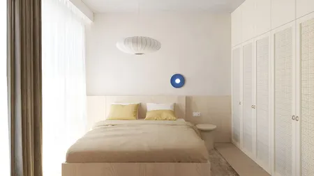 Wnętrze sypialni w stylu japandi, minimalistycznym i współczesnym z łóżkiem i szafą.
