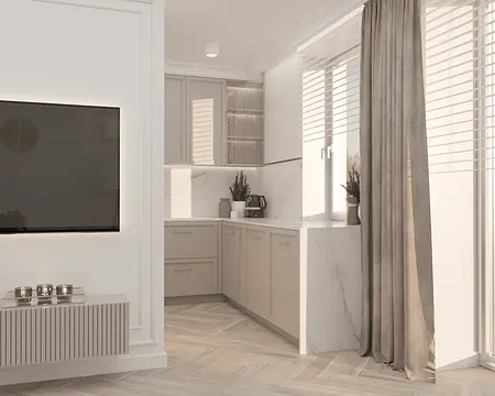 Nowoczesna kuchnia w stylu quiet luxury z beżowymi meblami i białymi akcentami.