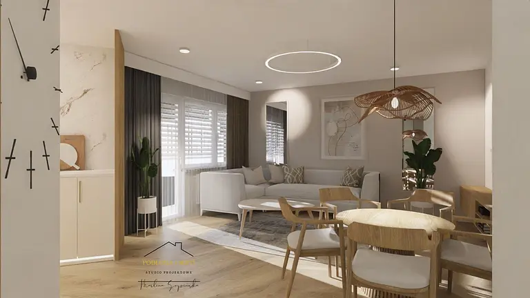 Styl minimalistyczny, przestronny salon z jasnymi meblami i drewnianym stołem.