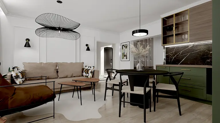 Wnętrze salonu w stylu art deco z beżową sofą i zielonymi meblami.