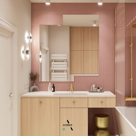 Wnętrze łazienki w stylu art deco z drewnem i różowymi płytkami