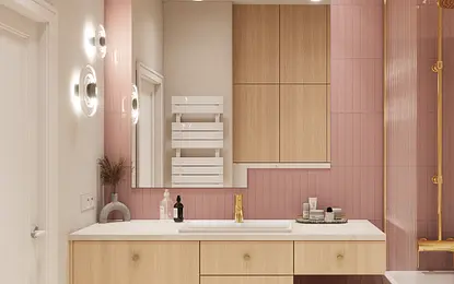 Wnętrze łazienki w stylu art deco z drewnem i różowymi płytkami