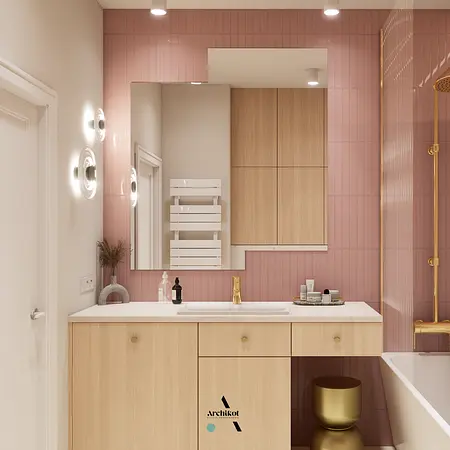 Wnętrze łazienki w stylu art deco z drewnem i różowymi płytkami