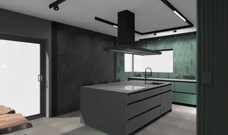 Wnętrze kuchni z ciemnymi meblami i zielonymi ścianami, nowoczesny design.