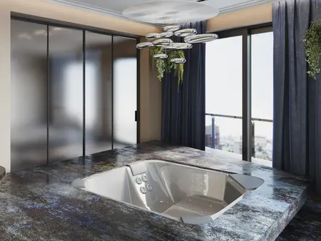 Wnętrze z jacuzzi, nowoczesne meble i duże okna.