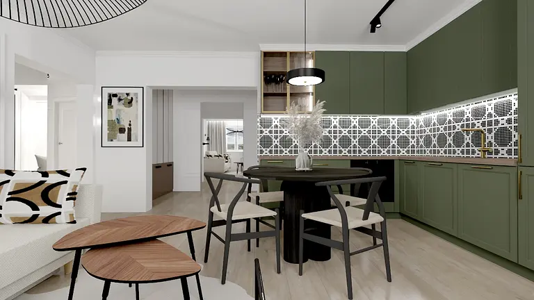 Wnętrze kuchni w stylu art deco z zielonymi meblami i dekoracyjną ścianą.