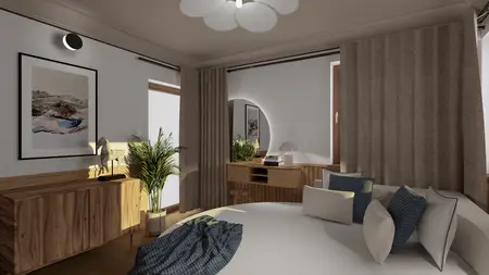 Wnętrze sypialni w stylu eklektycznym z elementami rustykalnymi, japandi i quiet luxury.
