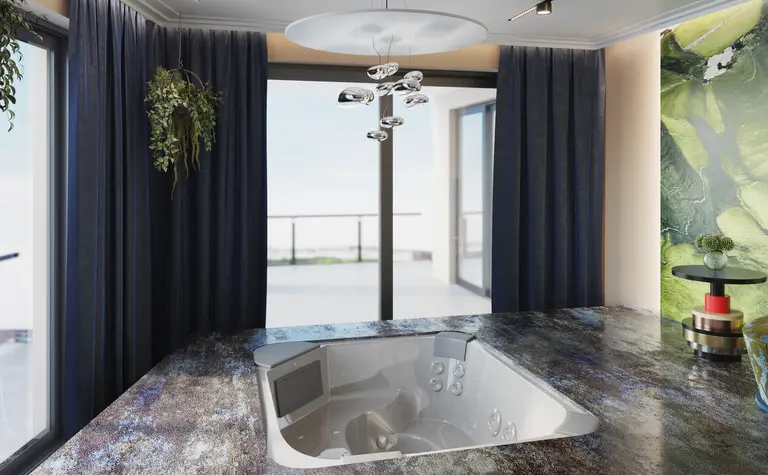 Nowoczesne wnętrze z jacuzzi, zasłonami i widokiem na balkon.