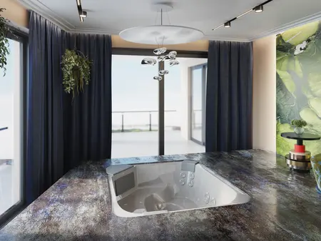 Nowoczesne wnętrze z jacuzzi, zasłonami i widokiem na balkon.