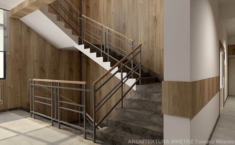 Klatka schodowa z drewnianymi panelami i metalowymi balustradami, współczesny design.