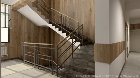 Klatka schodowa z drewnianymi panelami i metalowymi balustradami, współczesny design.