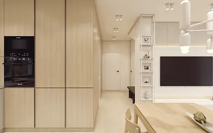 Wnętrze kuchni w stylu japandi i minimalistycznym z drewnianymi elementami