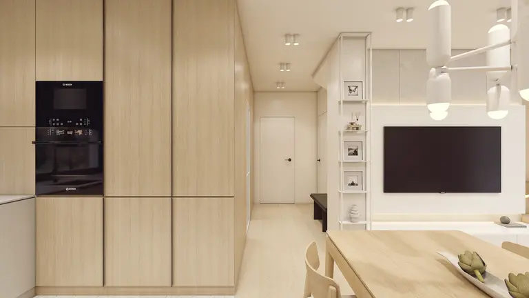 Wnętrze kuchni w stylu japandi i minimalistycznym z drewnianymi elementami