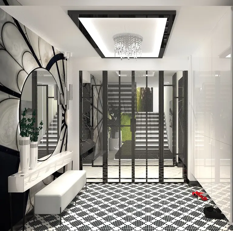 Przedpokój w stylu art deco i glamour z czarną podłogą i dużym lustrem.