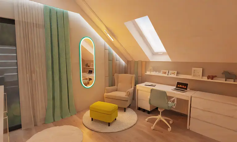 Wnętrze poddasza z biurkiem, fotelem i zielonymi zasłonami w stylach art deco, boho, japandi.