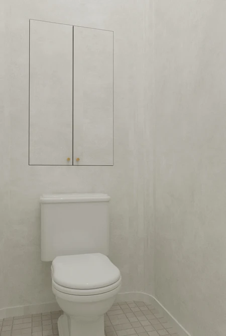 Toaleta z białą muszlą, szarymi ścianami i minimalistycznymi detalami art deco.