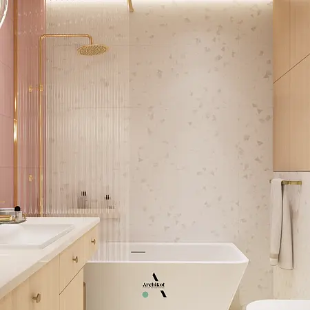 Nowoczesna łazienka z wanną, drewnianymi meblami, art deco, dopamine decor