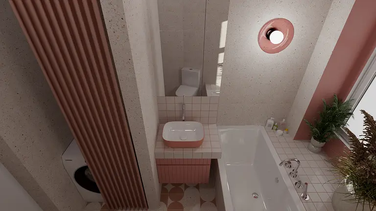 Nowoczesna łazienka w stylu dopamine decor i vintage z różowymi elementami.