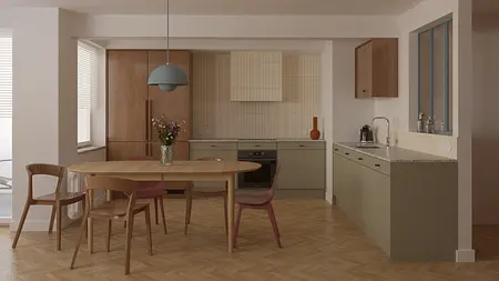 Kuchnia z drewnianymi meblami w stylu dopamine decor i eklektycznym.