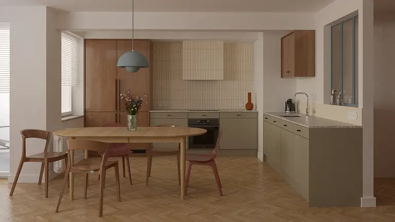 Kuchnia z drewnianymi meblami w stylu dopamine decor i eklektycznym.