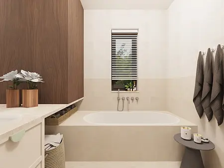 Wnętrze łazienki w stylu japandi, minimalistycznym i tradycyjnym z wanną.