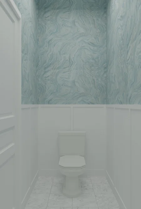 Toaleta z białymi panelami i niebieską ścianą w stylu art deco, minimaluxe, quiet luxury.
