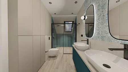 Wnętrze łazienki z minimalistycznym designem, nowoczesnymi umywalkami i industrialnymi akcentami.