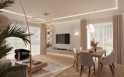 Wnętrze salonu z drewnianym stołem, jasnymi fotelami, roślinnością i dużymi oknami. Dopamine decor.