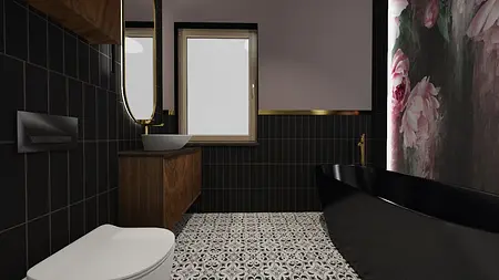 Nowoczesna łazienka z czarną wanną, drewnianą szafką i eleganckimi detalami