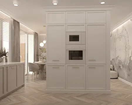 Nowoczesna kuchnia w stylu quiet luxury z białymi meblami i akcentami drewnianymi.