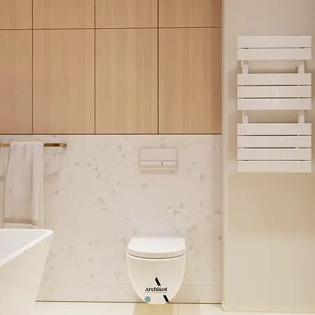 Wnętrze łazienki z elementami art deco i nowoczesnym designem.