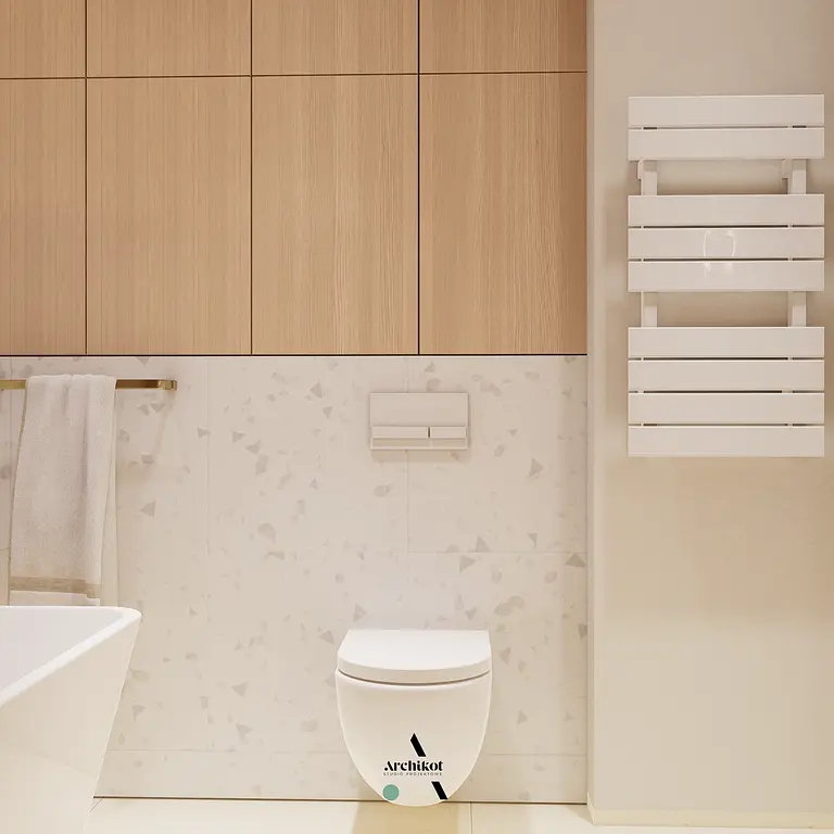 Wnętrze łazienki z elementami art deco i nowoczesnym designem.