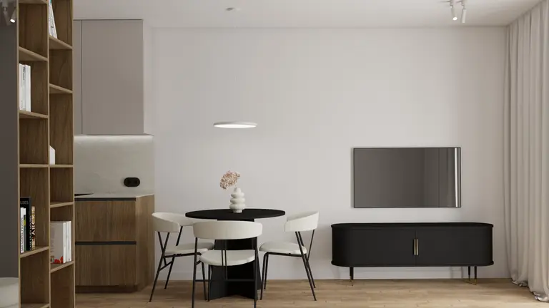 Wnętrze jadalni w stylu eklektycznym, japandi, minimalistycznym, soft minimalizm.