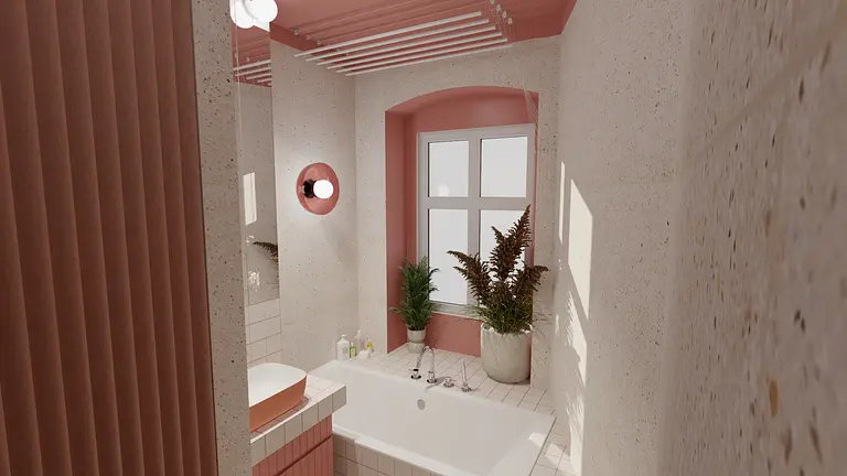 Wnętrze łazienki w stylu dopamine decor z różowymi akcentami i roślinami.