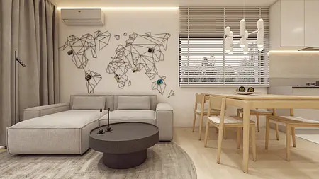 Wnętrze salonu w stylu japandi z minimalistycznym wystrojem, skandynawskie meble