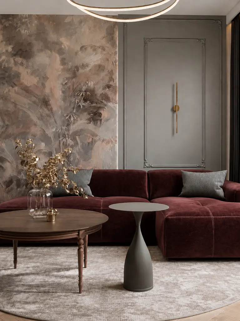 Wnętrze salonu w stylu eklektycznym z burgundową sofą, vintage stolikiem i quiet luxury akcentami.