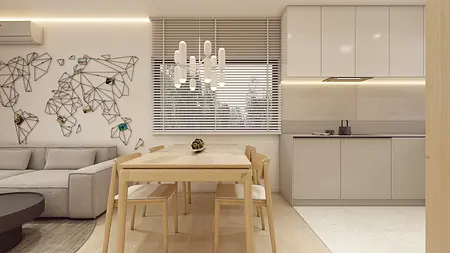 Nowoczesne wnętrze kuchni w stylu japandi z minimalistycznymi meblami.
