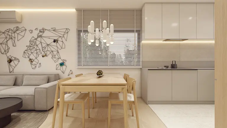 Nowoczesne wnętrze kuchni w stylu japandi z minimalistycznymi meblami.