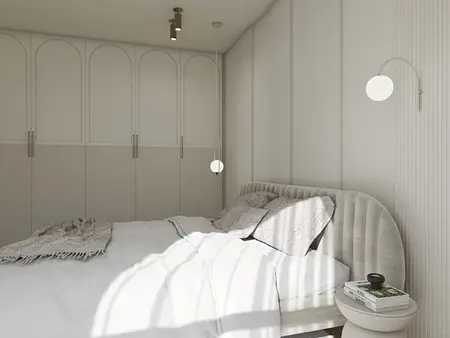 Sypialnia w stylu eklektycznym z glamour i japandi, minimalistyczna przestrzeń z nowoczesnym oświetleniem.