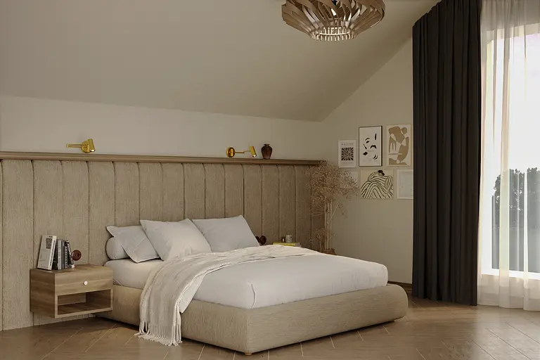 Wnętrze sypialni w stylu boho i vintage z jasnymi akcentami