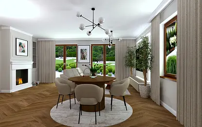 Wnętrze jadalni z okrągłym stołem, jasnymi krzesłami oraz roślinami, styl eklektyczny, glamour, nowoczesny.