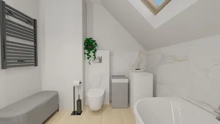 Wnętrze łazienki z wanną, pralką i rośliną, nowoczesny design.