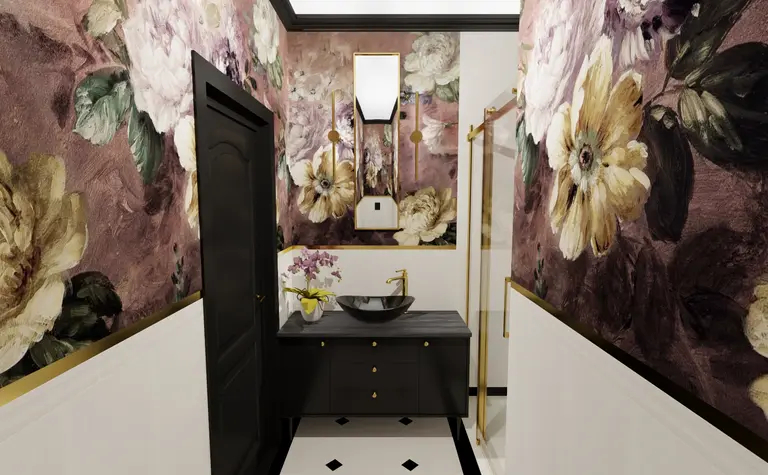 Łazienka z tapetą w stylu art deco, glamour, vintage i tradycyjnym.