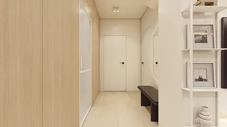 Przedpokój w stylu japandi i minimalistycznym z drewnianymi akcentami.