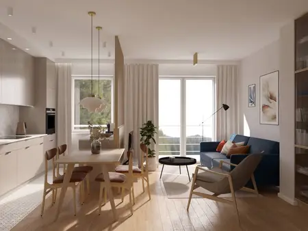 Wnętrze mieszkania w stylu minimalistycznym i vintage z kuchnią, jadalnią i salonem.